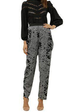 Diane Von Furstenberg Bamboo Print Pants Size P XS Silk Blend Pockets Black
